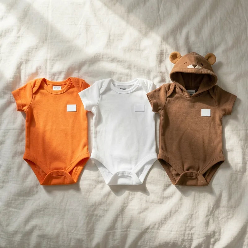 Trois combinaisons de déguisement pour bébé posées à plat sur un lit clair, étiquettes de taille visibles, lumière naturelle du matin