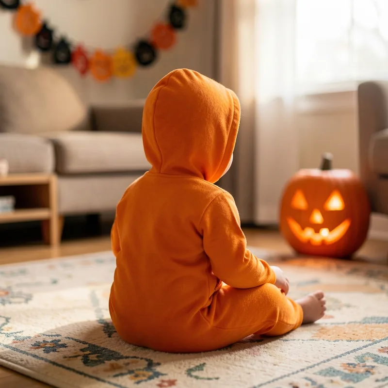 Bébé en combinaison orange de citrouille assis sur un tapis, décoration d&rsquo;Halloween floue à l&rsquo;arrière-plan, lumière chaude de fin de journée