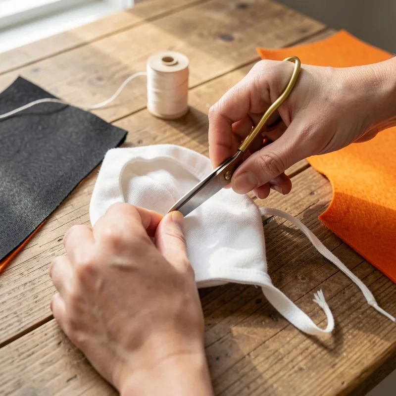 Détail de coutures d&rsquo;un costume de bébé, ciseaux et bobine de fil posés à côté, mains adultes coupant un lien de capuche