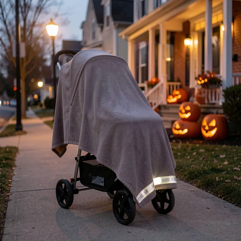 Poussette équipée d&rsquo;une couverture et d&rsquo;une bande réfléchissante dans une rue résidentielle éclairée à la tombée de la nuit, décorations de citrouilles sur un perron