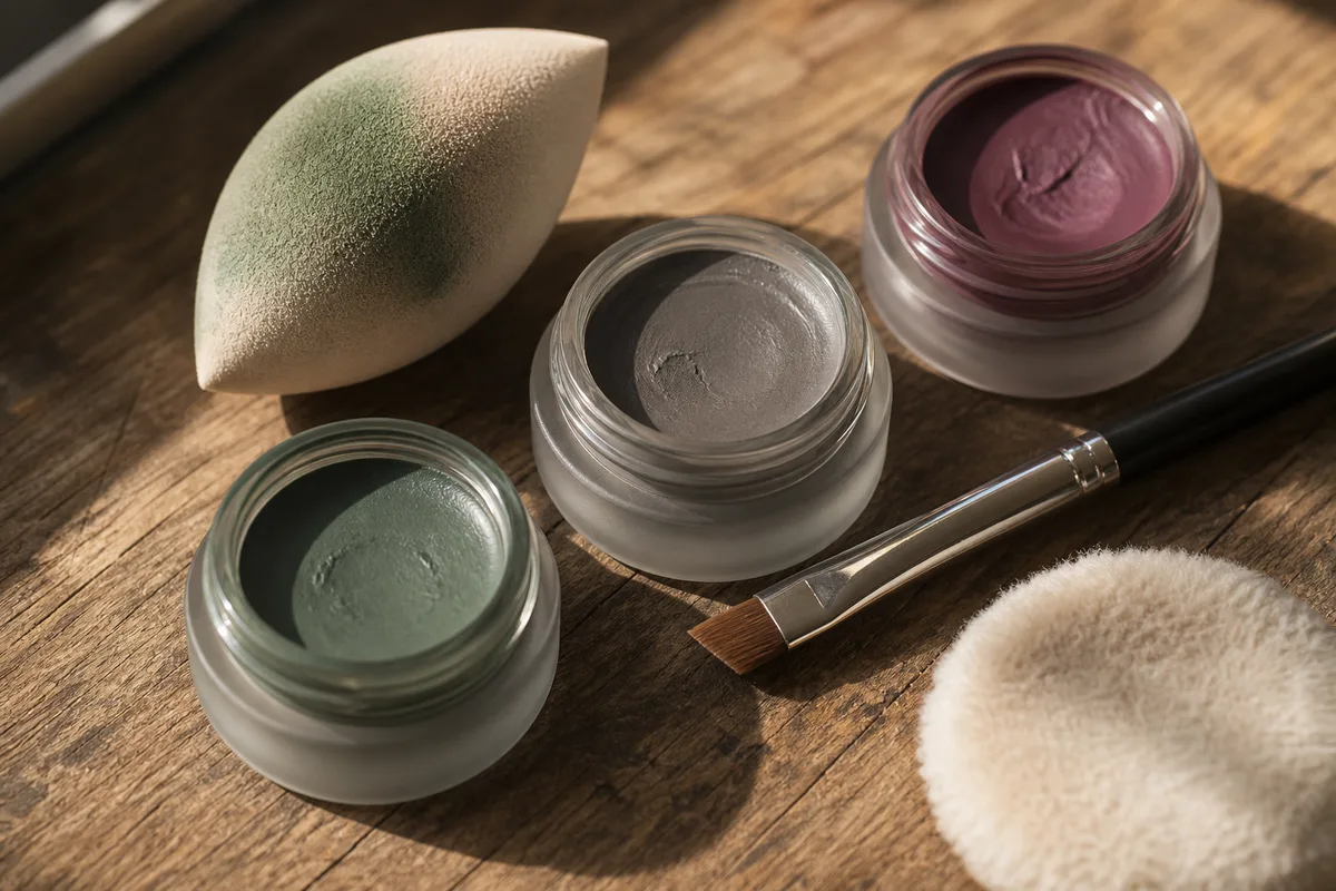 Éponge de maquillage et fards verts et gris posés sur une table en bois, lumière douce