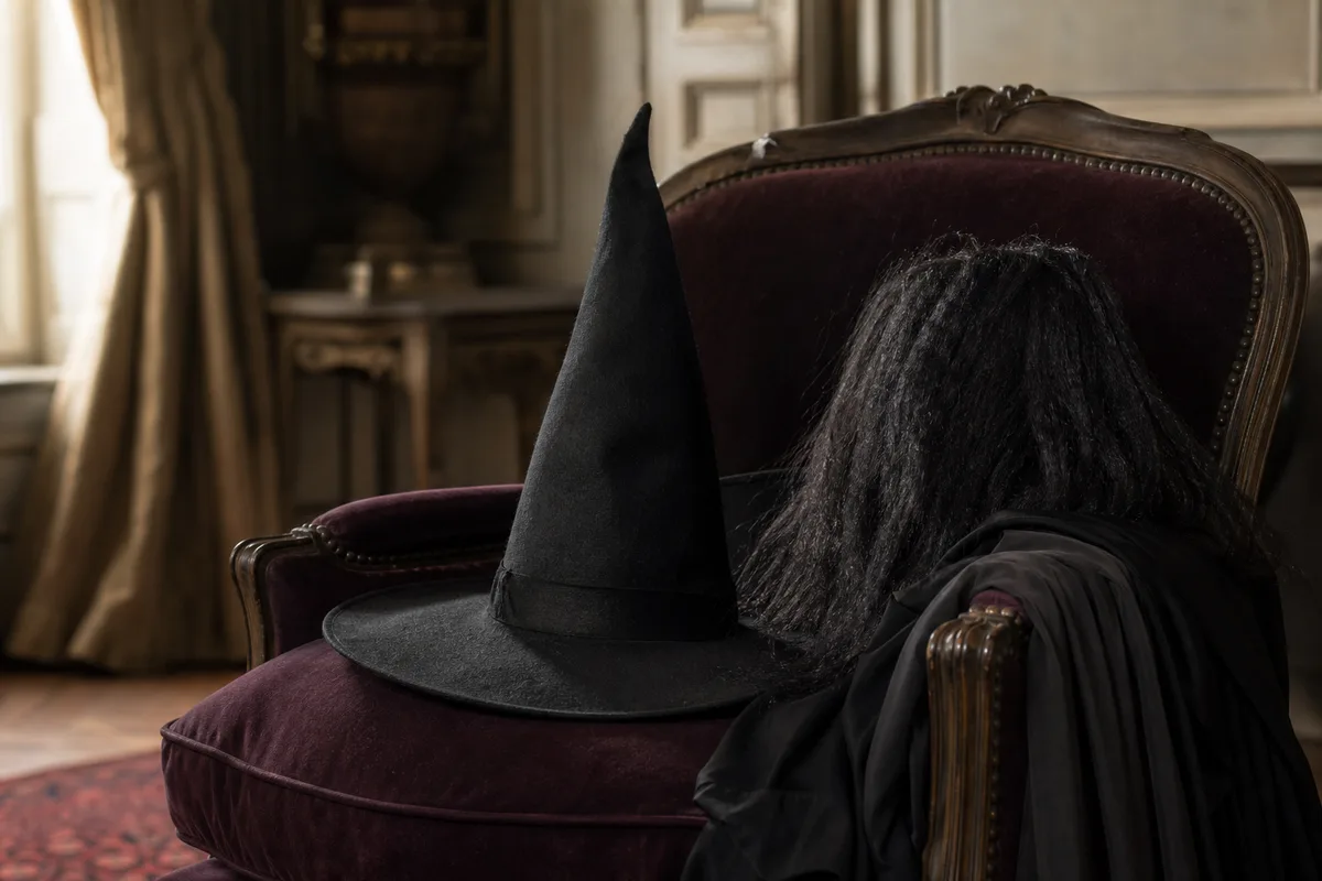 Chapeau pointu noir, cape sombre et perruque crêpée posés sur un fauteuil, ambiance tamisée