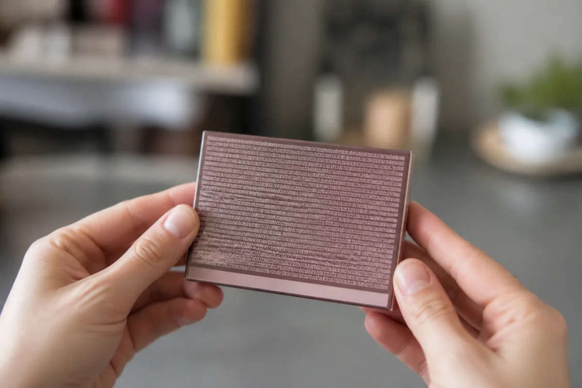 Boîte de fards de maquillage retournée, doigts pointant la liste d&rsquo;ingrédients imprimée au dos, lumière naturelle