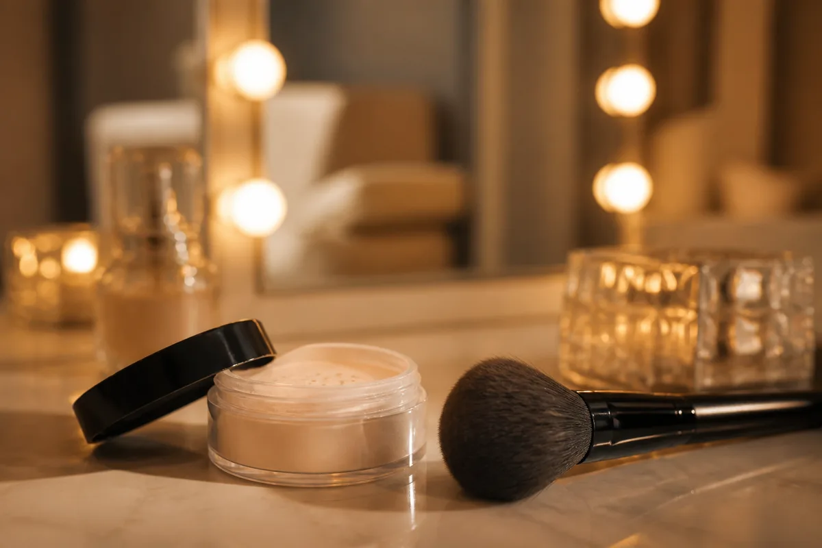 Poudre libre transparente et gros pinceau posés devant un miroir de coiffeuse éclairé